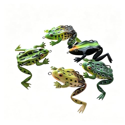 Topwater Frog Lures 5 Pack - Weedless Hollow Body Popping Frog for Bass Fishing, Lifelike Action with Double Hooks for Topwater Strikes
