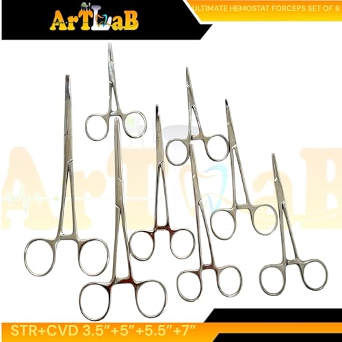 ArtLab-Ultimate Hemostat Forceps Set of 6-Straight & Curved Hemostat Forceps Locking Clamps Stainless Steel Full Serrated Jaws-Ideal for Nurses,Firefighters,Fishing (Set of 8-3.5"+5"+5.5"+7"(Str+Cvd))