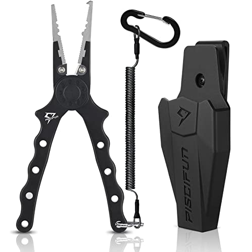 Piscifun Saltwater Fishing Pliers, Aluminum, Split Ring, Braid Cutter | Hook remover, tungsten carbide blade, spring-loaded jaws, ergonomic grip, sheath and lanyard - color: Black, style: Rubber Sheath
