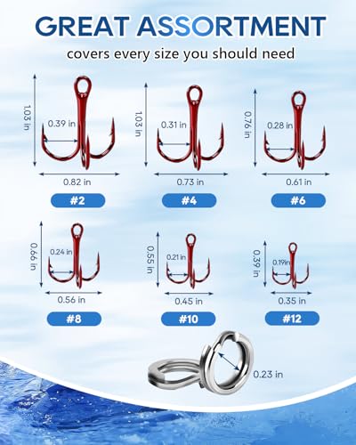 UCEC Fishing Hooks Treble Hooks Kit for Saltwater Freshwater, High Carbon Steel Strong Sharp Round Bend for Catfish Trout Hard Baits Lures, Size #1#2#4#6#8#10#12#14 110/50/210 Pack with Split Rings - style: 100pcs Split Rings & 105pcs Red Hooks #2 #4 #6 #