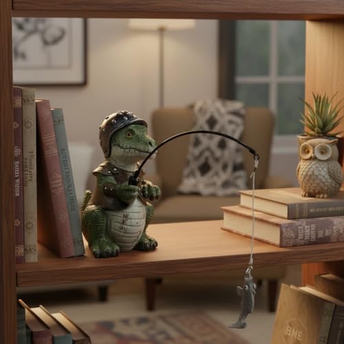 Garden Dinosaur Pond Statues Decoration, Fishing Dinosaur Garden Statue Outdoor Koi Pond or Waterfall Decor, 7.1" Crocodile Fishing Poolside Statue, Animals Patio, Lawn Additional, Gifts for Mom - color: Fishing Dinosaur