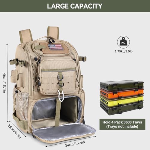 Bagenerous 39L Fishing Tackle Backpack with Rod Holders & Cooler,Water-resistant Fishing Gear Storage Bag with Protective Rain Cover,Khaki - color: Khaki