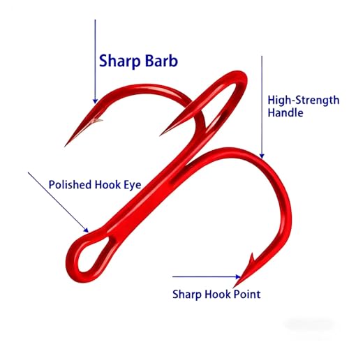 Persei 100pcs Fishing Hook Treble Hooks High Carbon Treble Hooks Super Sharp Solid Size 2 4 6 8 10 12 Triple Barbed Steel Fish Hook - color: Red, size: 8#-100pcs