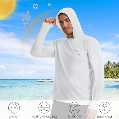 BASSDASH Men’s UPF 50+ Fishing Hoodie Shirts with Chest Pocket Lightweight UV Sun Protection Long Sleeve Hiking Sports FS34M - color: White, size: Medium