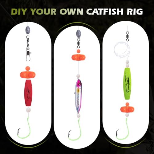 Goture Catfish Rig Making Kit,274pcs/300pcs Catfishing Tackle with Luminous Fishing Hook Swivel Sinker Weights Rattle Float Bobber Stoppers,Catfish Rigs Accessories with 3600 Tackle Box,Gifts for Men - color: B2:300pcs-2pcs Pre-rigged Catfish Rigs&Tackle