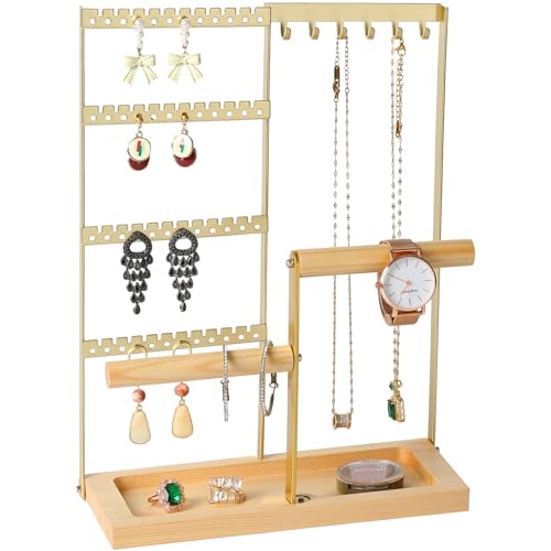 Jewelry Organizer Stand, Jewelry Holder, Lengnoy 4 Tier Earring Holder with 48 Holes and 6 Hooks Necklace Organizer Wood Box for Necklace Bracelet Earring Ring, Gold - color: Gold, size: 11 IN