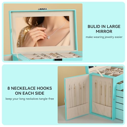 Frebeauty Large Jewelry Box,6-Tier PU Leather Jewelry Organizer,Multi-functional Storage Case with Mirror,Accessories Holder with 5 Drawers for Necklace Bracelets Watches(Turquoise) - color: Turquoise, size: Large
