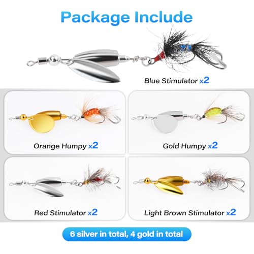 Trout Spinner Lures with Stimulator/Humpy Dry Fly Tail, Brass Hard Metal Hand-Tied Rooster Bait Tail Fishing Spinnerbaits for Bass Pike Salmon Saltwater Freshwater Lake River - color: 10PCS