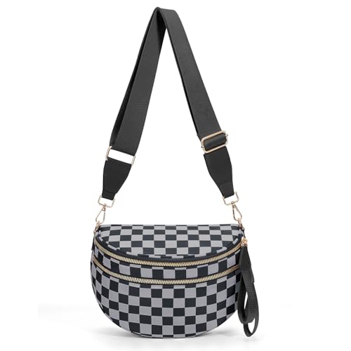 Checkered Crossbody Bum Bags for Women Nylon Checkered Purse Checkerboard Fanny Pack - color: A06-black Gray
