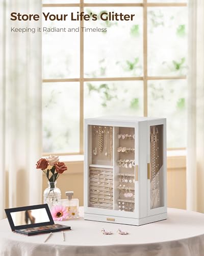 Glimmloop 360° Rotating Jewelry Box with 9 Drawers, Spacious Vertical Jewelry Organizer with Glass Window, Jewelry Storage Case, Dustproof & Moisture-resistant Design, White - color: White, size: 9 Drawers (6.2"D x 11"W x 15.1"H)