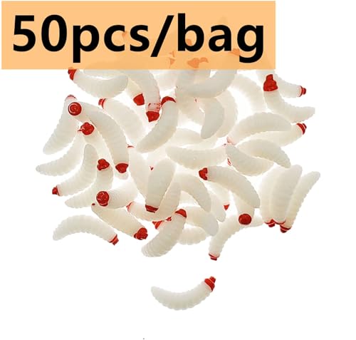 50pcs-1Inch Bass Fishing Worms Lures,Silicone Soft Maggot Baits Bread Worm Fishing Lure,5 Color - color: White