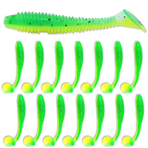Soft Plastic Paddle Tail Swimbaits Pack of 15 – 3" Soft Plastic Fishing Lures with Extra-Large Tail for Lifelike Swimming Action – Freshwater & Saltwater - color: Green-yellow