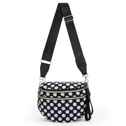 Crossbody Bags for Women, Spacious Nylon Belt Purse Fanny Packs, Crescent Oversized Checkered Bum Bag (Polka Dot - Black) - color: Polka Dot - Black