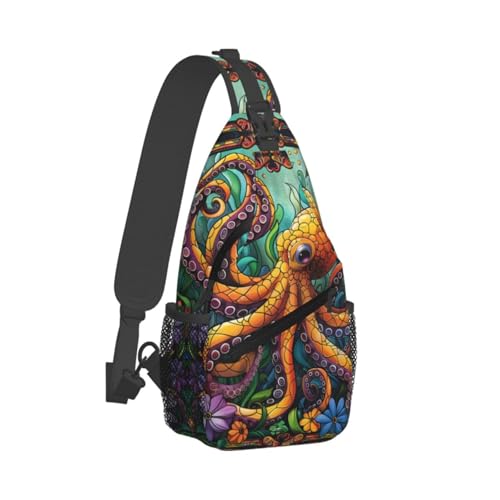 Cartoon Octopus In Flowers Outdoor Crossbody Shoulder Bag For Unisex Young Adult Hiking Bicycling - color: Bronze2