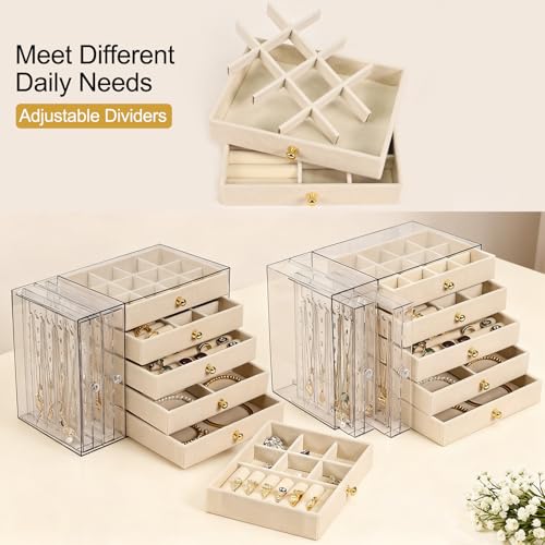 Greenfeather Jewelry Organizer and Storage with 7 Removable Drawers, Clear Acrylic Jewelry Box with 16 Necklace Hooks 48 Pairs of Earring Holes 5 Velvet-Lined Drawers for Rings Bracelets Necklaces - color: Off-White-Style B