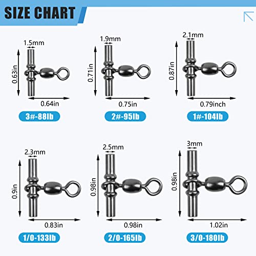 Fishing Cross Line 3 Way Swivel,40pcs T-Shape Sleeve Swivels Heavy Duty Crimp Crane Swivel Brass Triple Swivels for Deep Drop Rigs Saltwater Fishing Tackle - size: 2# -95lb-40PCS