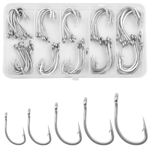 Live Bait Hooks Saltwater O'shaughnessy Circle Hook Stainless Steel Short Shank in-Line Point Fishing J Hooks for Catfish Tuna Bass Salmon Size 1#-5/0 - size: Mixed(1/0-5/0) Kit-60pcs