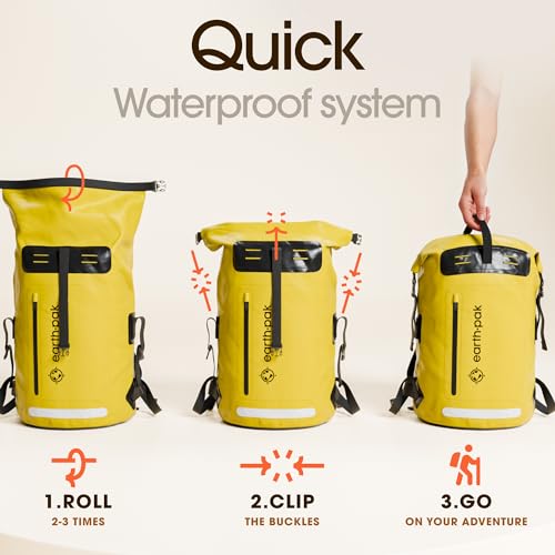 Earth Pak Waterproof Backpack - Heavy Duty Hiking Backpack - Roll-Top Closure Bag - Cushioned Dry Bag Waterproof Phone Case - color: Yellow, size: 55L