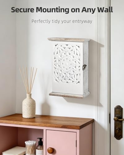 Uniclife Key Holder Wall Mount, Home Key Holder for Wall, Wooden Key Box Wall Mount, Small Wall Cabinet with Key Hooks, Key Hanger, Decorative Hanging Key Rack for Entryway & Office - color: White, size: 12 Hooks, No Key Tags
