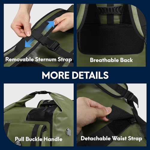 Haimont Dry Waterproof Roll Top Backpack Marine Dry Bag River Pack with Waist Belt Camping Surfing 60L, Army Green/Black - color: Army Green/Black, size: 60L