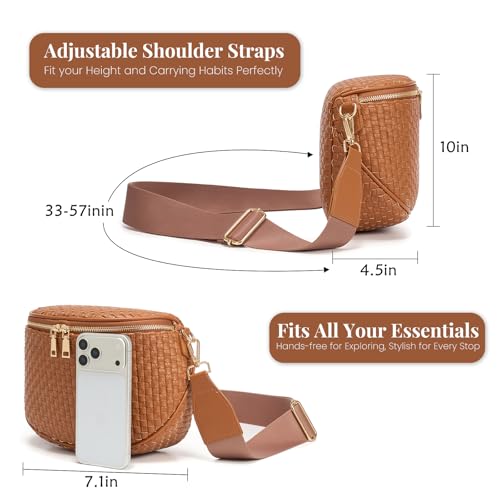 Woven Vegan leather Crossbody Bags For Women, Checkered Fashion PU Bum Bag Waist Pack, Travel Sling Purse with Adjustable Strap（Brown) - color: Brown