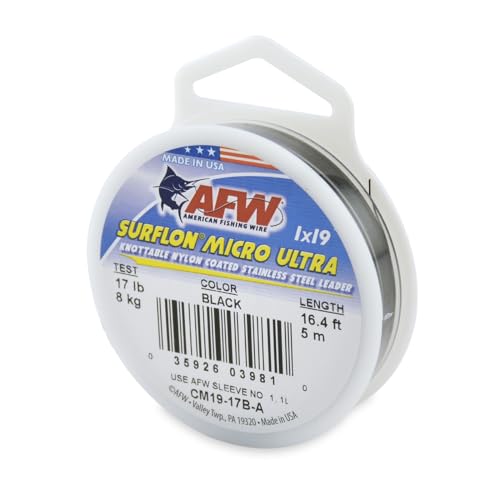 American Fishing Wire Surflon Micro Ultra Nylon Coated 1x19 Stainless Steel Leader Wire - Knottable Fishing Leaders Saltwater & Fly Fishing, 6lb Test - 61lb Test, Bright, Black & Camo Colors - color: Black, style: 5 Meter, 17 Pound Test