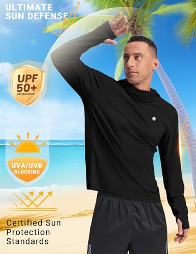 PINSPARK UPF 50+ Sun Protection Hoodie Men with Mask Quick Dry Long Sleeve Fishing Hiking Shirts UV Rash Guard Lightweight - color: Black, size: Large