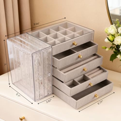 Greenfeather Jewelry Organizer and Storage with 7 Removable Drawers, Clear Acrylic Jewelry Box with 16 Necklace Hooks 48 Pairs of Earring Holes 5 Velvet-Lined Drawers for Rings Bracelets Necklaces - color: Gray-Style B