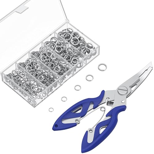 Pawfly 250 Pcs Split Rings and Split Ring Pliers, 5 Sizes Fishing Split Rings & Fishing Pliers Kit for Fishing, Fishing Lure Connectors, Stainless Steel Split Rings for Saltwater & Freshwater - color: Blue