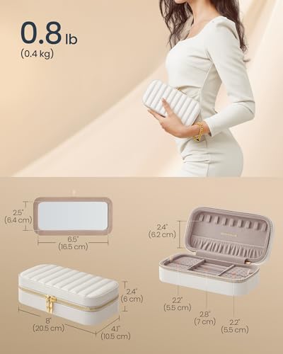 SONGMICS HOME Travel Jewelry Case, Travel Jewelry Box Organizer with Mirror, 4.1 x 8 x 2.4 Inches, Stitching, Portable, Gift Idea, Cloud White UJBC180W01 - color: Cloud White, size: 8"W