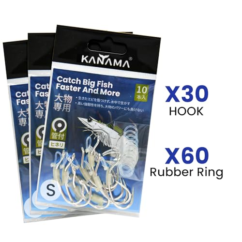 KANAMA Luminous Live Shrimp Hooks - High Carbon Steel Fishing Hooks Saltwater Corrosion Resistant Barbed Strong Hooks Freshwater Shrimp Walker, Ideal for Bass, Groupers, Pike, Catfish & More - size: S ×30