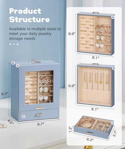 Homde Jewelry Organizer Girls Women Jewelry Box for Necklaces Rings Earrings Gift Bracelets Storage Case (Grey Blue + Gold) - color: Grey Blue + Gold