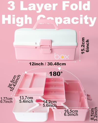 TERGOO 12in 3-Layer Plastic Craft Organizers and Storage, Portable Folding Tackle Box with Handle & Adjustable Dividers, Multipurpose Case for Sewing, Art Supplies, Medicine, Tools (White Pink) - color: White Pink