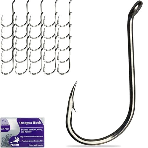 Pristis 25 Pack High Carbon Steel Fishing Hooks, Reinforced EWG Circle Octopus Round Bend 60 Degree Wide Gap Strong Barbed Worm Fish Hook Jig Bait Rig for Saltwater Freshwater Bass Tuna Walleye Trout - color: Octopus, size: #1
