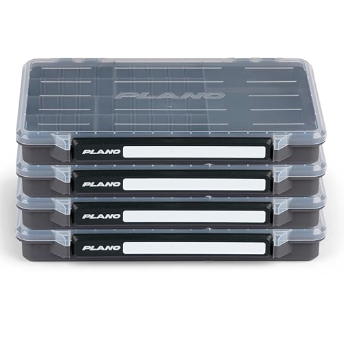 Plano StowAway 3600 50/50 Split Stow Tackle Box, 4-Pack, Corrosion-Preventive Rustricor, Single Latch Design, Transparent DuraView Lid, Stackable Storage for Fishing Bait, Lures and Gear - size: 3700 50/50 Split 4-Pack, style: New Model