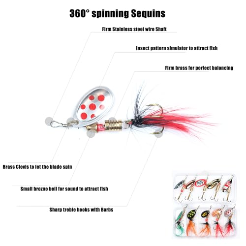 EXAURAFELIS 10/30pcs Fishing Lure Spinnerbait with Feathered Treble Hooks Rooster Tail Fishing Lures Spoon Lures for Bass Salmon Trout Spinner Baits with Tackle Box - color: 10pcs Spinnerbaits