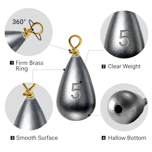 Casting Sinker Weights Assortment, Teardrop Fishing Sinkers with Brass Swivel Loops, 1/8 oz to 3/4 oz, Drop Shot Weights for Bass Catfish, Freshwater Saltwater - color: 35pcs-3/16oz