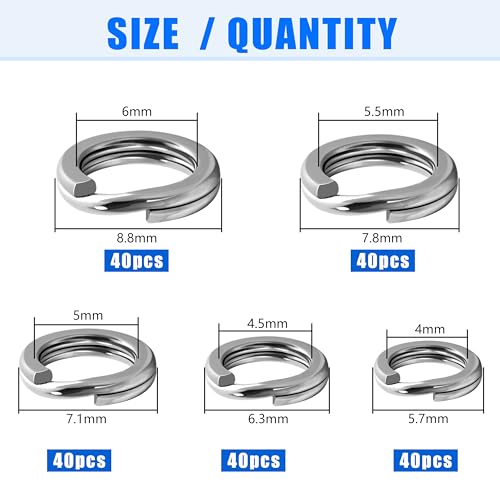 Fishing Split Rings Kit,200pcs Stainless Steel Split Rings Heavy Duty Wire Fishing Rings Fishing Lure Rings Saltwater Fishing Lure Connectors Round Solid Rings for Jigging Trolling - color: 200pcs Sliver Rings Kit