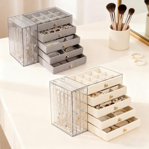Greenfeather Jewelry Organizer and Storage with 7 Removable Drawers, Clear Acrylic Jewelry Box with 16 Necklace Hooks 48 Pairs of Earring Holes 5 Velvet-Lined Drawers for Rings Bracelets Necklaces - color: Off-White-Style B