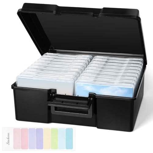 Photo Storage Box 5 x 7 Inches, 18 Inner Extra Large Photo Organizer With Dividers, Acid-Free Photo Storage Containers, Craft Storage Box for Protect Photos, Crafts, Stamps etc - color: Black+Clear