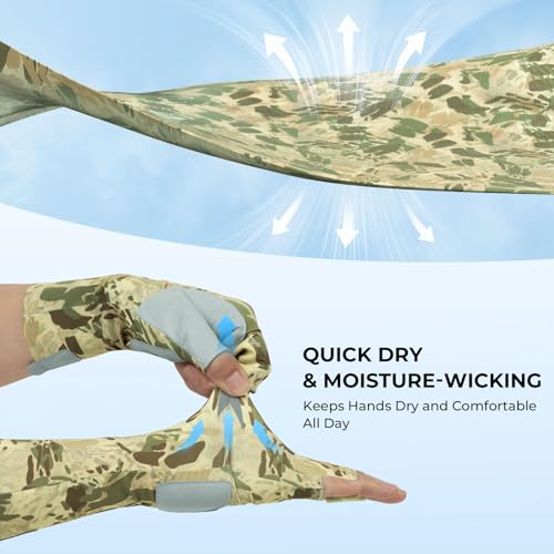 KastKing Agies Fishing Gloves Men, UPF 50+ Sun Gloves UV Protection, Cooling Quick-Dry 3/4 Fingerless Gloves with Extended Cuff, Microfiber Palm & Pull Tabs, for Fishing, Kayaking, Hiking, Hunting - color: X Camo-Multi Purpose, size: Large-X-Large