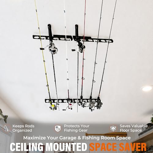 WIPHANY Fishing Rod Racks Wall or Ceiling Fishing Rod/Pole Rack Holder Storage Hook Holds Fishing Rods Wall Mounted for Garage Cabin and Basement - color: Black-Classic Store 12 rods