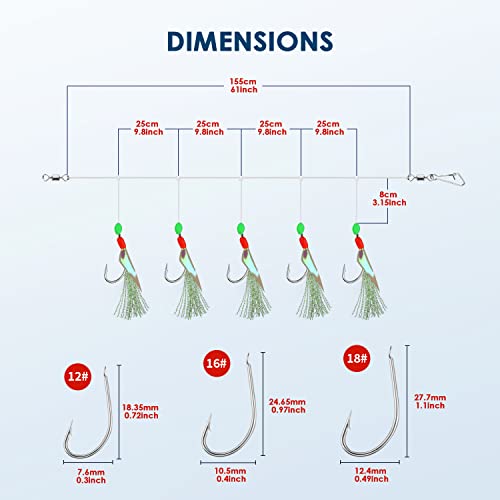 10 pcs Mackerel Feathers Rigs Saltwater, Pre-Tied Sea Fishing Bait Rigs with Luminous Colorful Feathers/Luminous Beads Bionic Flying Insects, Lure Rigs for Mackerel, Pollock, Cod, Bass - size: Hook Size 12+16+18, style: Style 1