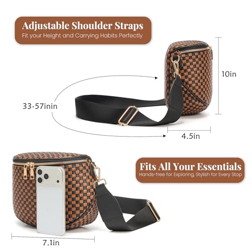 Woven Vegan leather Crossbody Bags For Women, Checkered Fashion PU Bum Bag Waist Pack, Travel Sling Purse with Adjustable Strap（Brown and Black) - color: Brown and Black