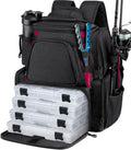 Piscifun Fishing Tackle Backpack with 2 Rod Holders, 4 Boxes & Rain Cover | Multi-pocket storage, fits 3600/3700 trays, bottle holder, padded straps for bank fishing - color: Black