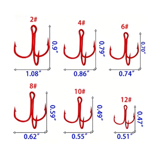 Persei 100pcs Fishing Hook Treble Hooks High Carbon Treble Hooks Super Sharp Solid Size 2 4 6 8 10 12 Triple Barbed Steel Fish Hook - color: Red, size: 12#-100pcs
