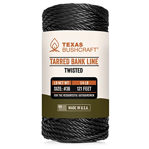 Texas Bushcraft Tarred Bank Line Twine - #36 Black Nylon String for Fishing, Camping and Outdoor Survival – Strong, Weather Resistant Bankline Cordage for Trotline - style: Twisted