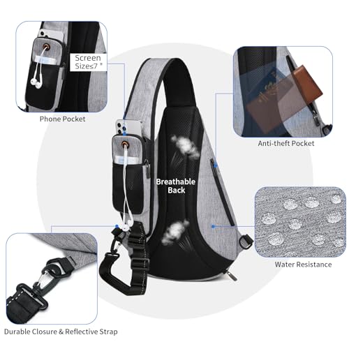 TUDEQU Large Sling Bag for Men,19L Crossbody Backpack with 8 Pocket,Gym,EDC | One Strap Backpack with Umbrella Pocket,Sling Backpack with Stability Strap, One Shoulder Backpack for Hiking,Gym,Travel - color: Gray Match Black