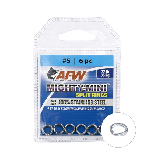 American Fishing Wire Mighty Mini Stainless Steel Split Rings, 3 Times Stronger Than Brass, Superior Holding Power for Fisherman and Outdoorsman - 100pcs in Bright Stainless Steel and Gunmetal Black - size: 6 pc, #5, 77 lb test, style: Stainless Steel