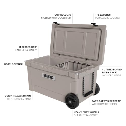 Hogg Rotomolded Coolers, Ice Chest with Wheels, Wheeled Cooler, Rotomolded Ice Chest, Dry Storage, Fishing and Camping Items, Birthday Gifts for Men - color: Dune Kiss, size: 65qt